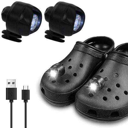 2X Croc Headlights USB Clog Sandals Shoes Croc Shoes Lights Headlights Charms Black