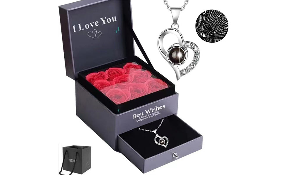 100 Languages Projection I Love You Necklace and Storage Box Set Heart Pendant Necklace with 9Pcs Preserved Rose