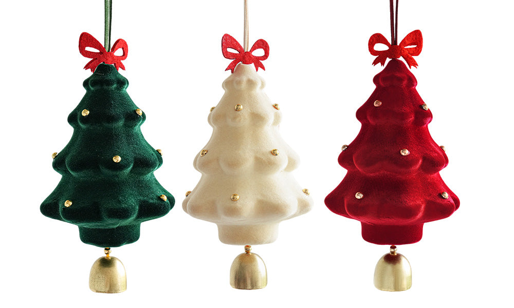 3PCS Flocked Christmas Tree Hanging Ornaments with Bell Pendants