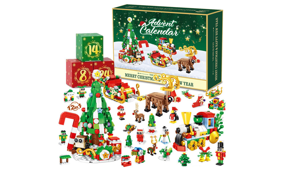 Christmas Advent Calendar Building Blocks for Adults Featuring Tree Reindeer and Sleigh Train