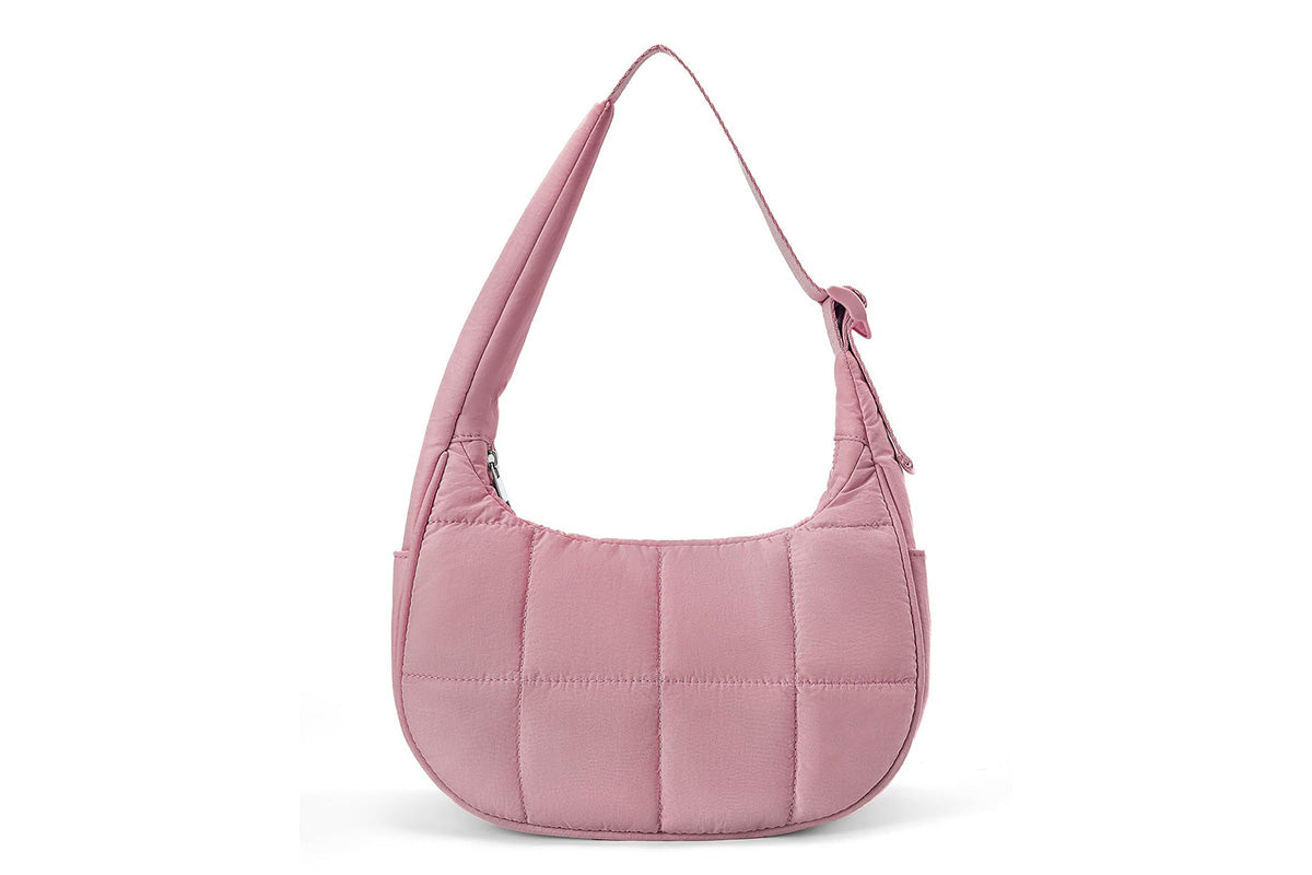 Small Puffer Crescent Shoulder Bag for Women Nylon Quilted Handbag with Adjustable Strap