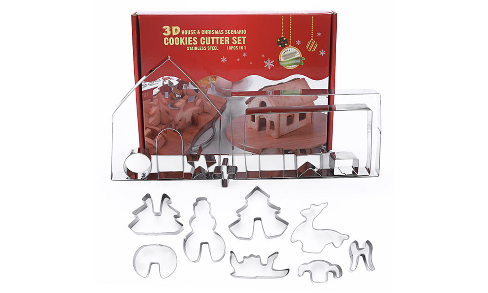 18PCS Stainless Steel 3D Christmas Cookie Cutter Set Gingerbread House Shapes