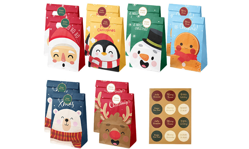 24PCS Christmas Flat Top Paper Gift Bags for Christmas Eve Apples