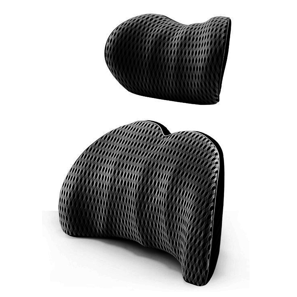 2Pcs Car Seat Memory Foam Lumbar Back Pillow Neck Pillow Black