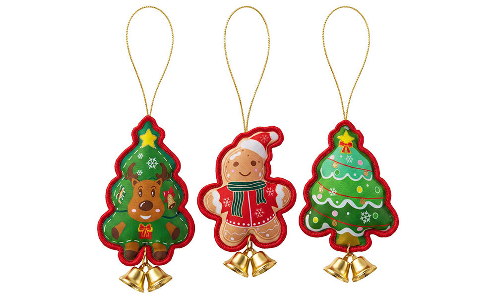 6 PCS Embroidered Padded Christmas Ornaments with Metal Jingle Bells