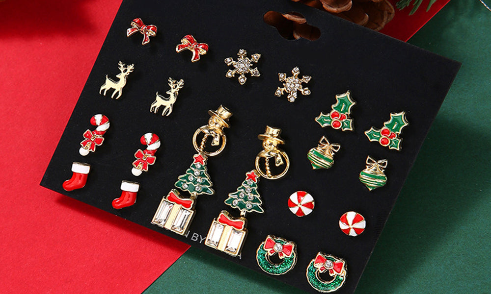 12 Pairs Christmas Earrings Set – Festive Stud Earrings