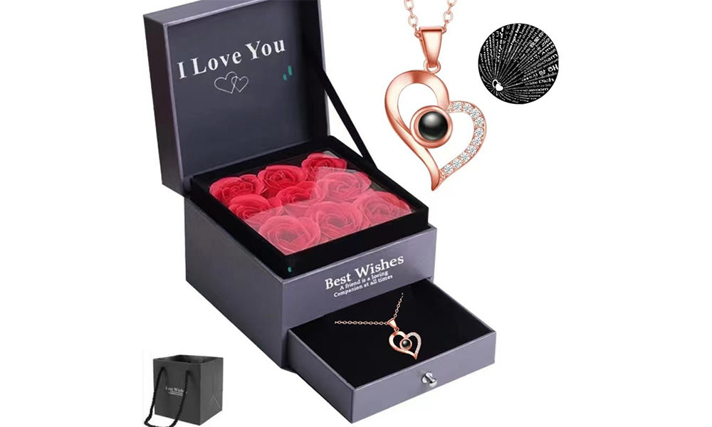 100 Languages Projection I Love You Necklace and Storage Box Set Heart Pendant Necklace with 9Pcs Preserved Rose