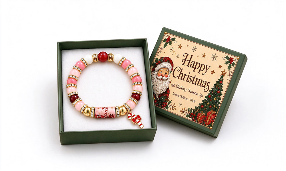 Christmas Bracelet with Gift Box and Zinc Alloy Glass Beads