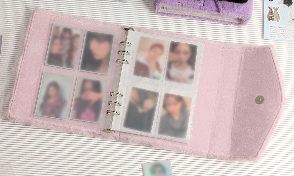 A5 Fluffy Embroidered 6-Ring Snap Closure Photo Album with 4-Pocket Card Pages