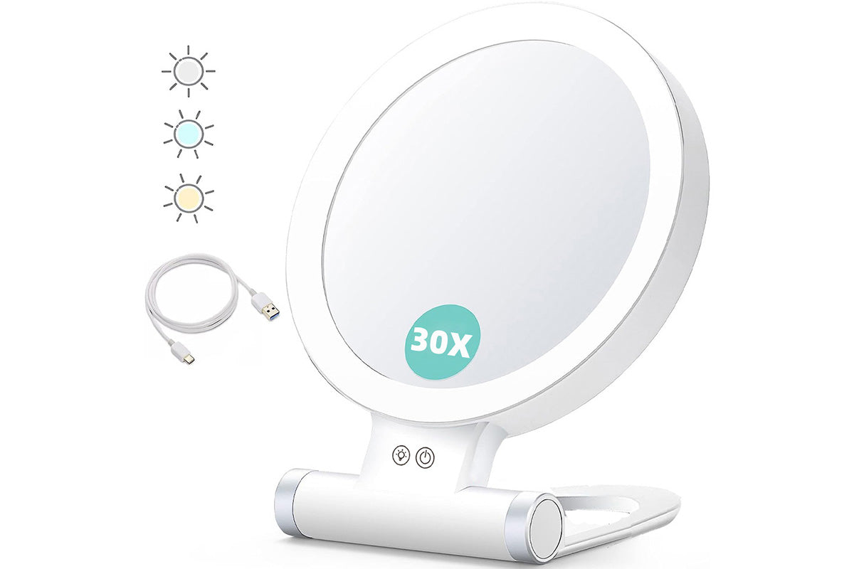 1X/30X Magnifying Makeup Foldable Double Sided Mirror with 3 Color Lights