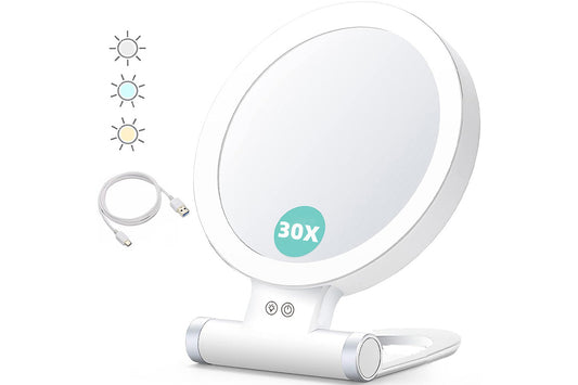 1X/30X Magnifying Makeup Foldable Double Sided Mirror with 3 Color Lights