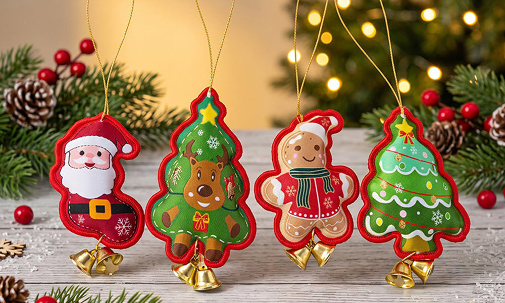 6 PCS Embroidered Padded Christmas Ornaments with Metal Jingle Bells