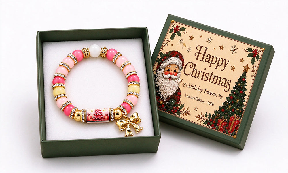 Christmas Bracelet with Gift Box and Zinc Alloy Glass Beads