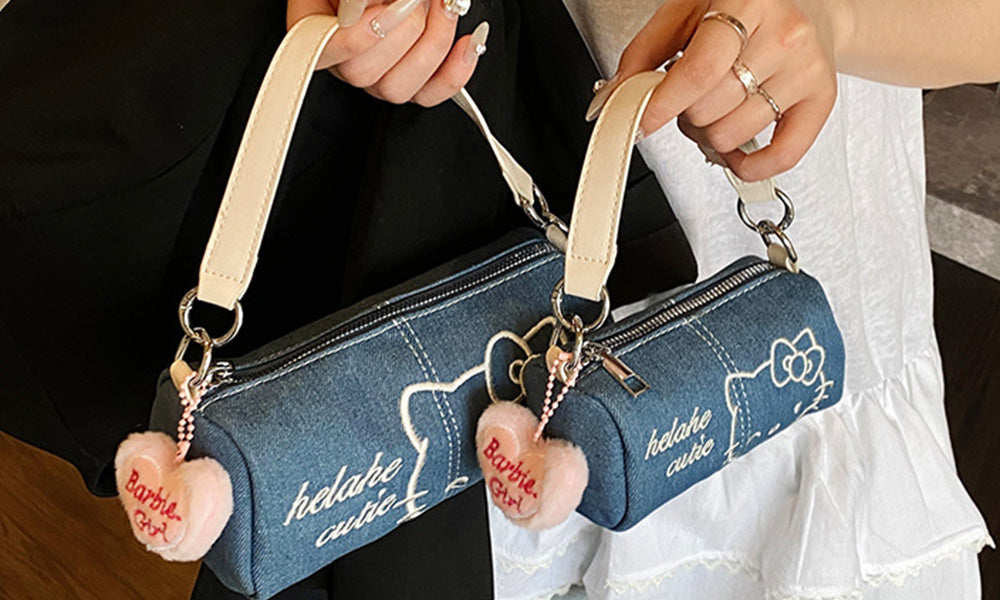 Cute Cylinder Handbag for Women Denim Bag with Top Handle