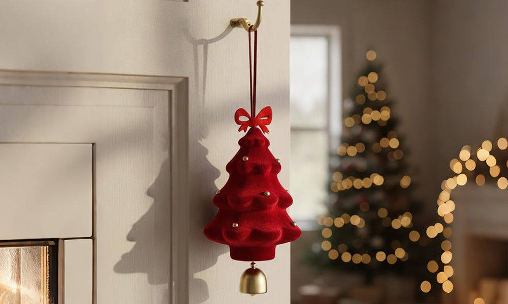 3PCS Flocked Christmas Tree Hanging Ornaments with Bell Pendants