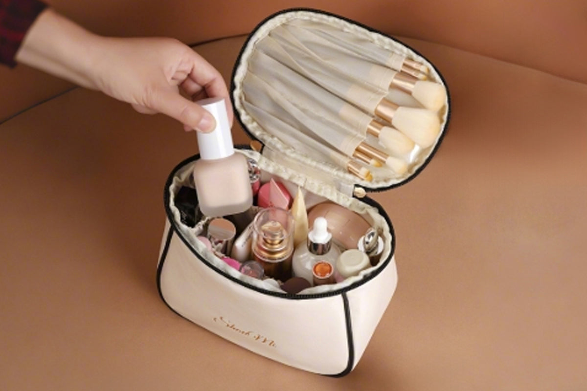 Large Capacity Waterproof PU Travel Makeup Bag Cosmetic Organizer with Brush Holder