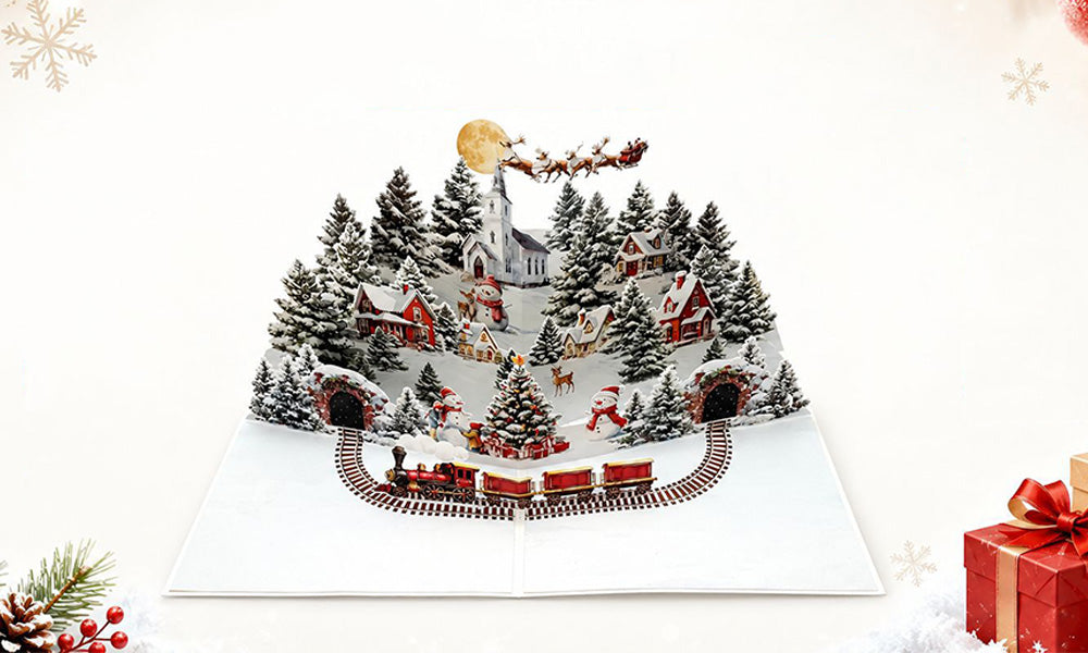 3 PCS 3D Night City Snowman Christmas Greeting Cards with Envelopes