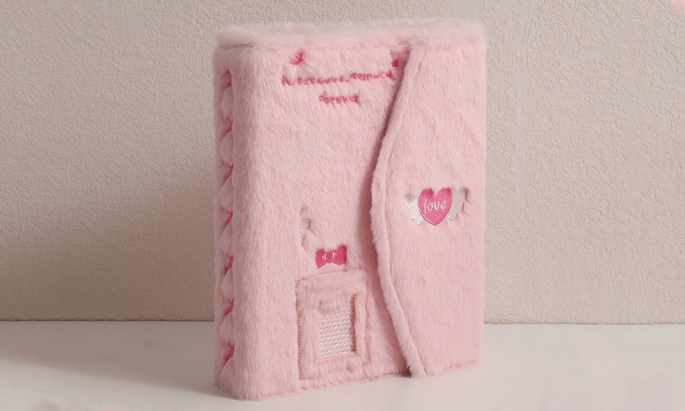 A5 Fluffy Embroidered 6-Ring Snap Closure Photo Album with 4-Pocket Card Pages