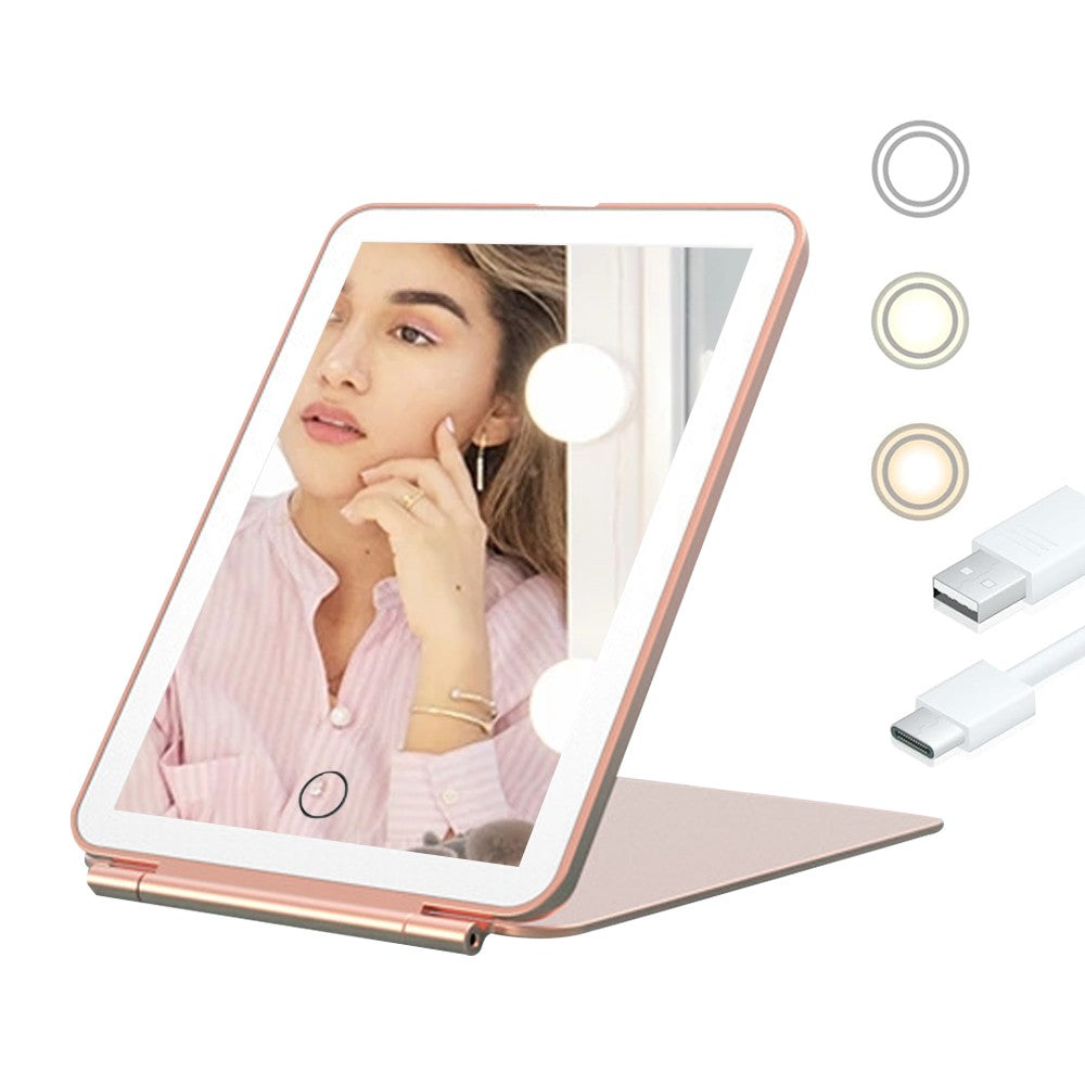 Folding Light up Makeup Mirror USB Dimmable Vanity Mirror with LED Light - Pink