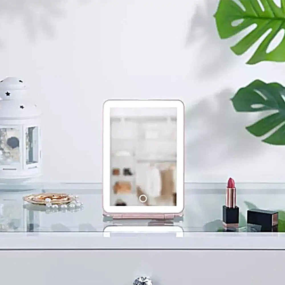Folding Light up Makeup Mirror USB Dimmable Vanity Mirror with LED Light - Pink