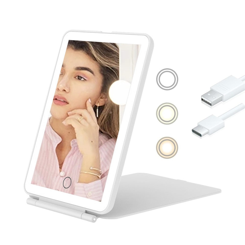 Folding Light up Makeup Mirror USB Dimmable Vanity Mirror with LED Light - White
