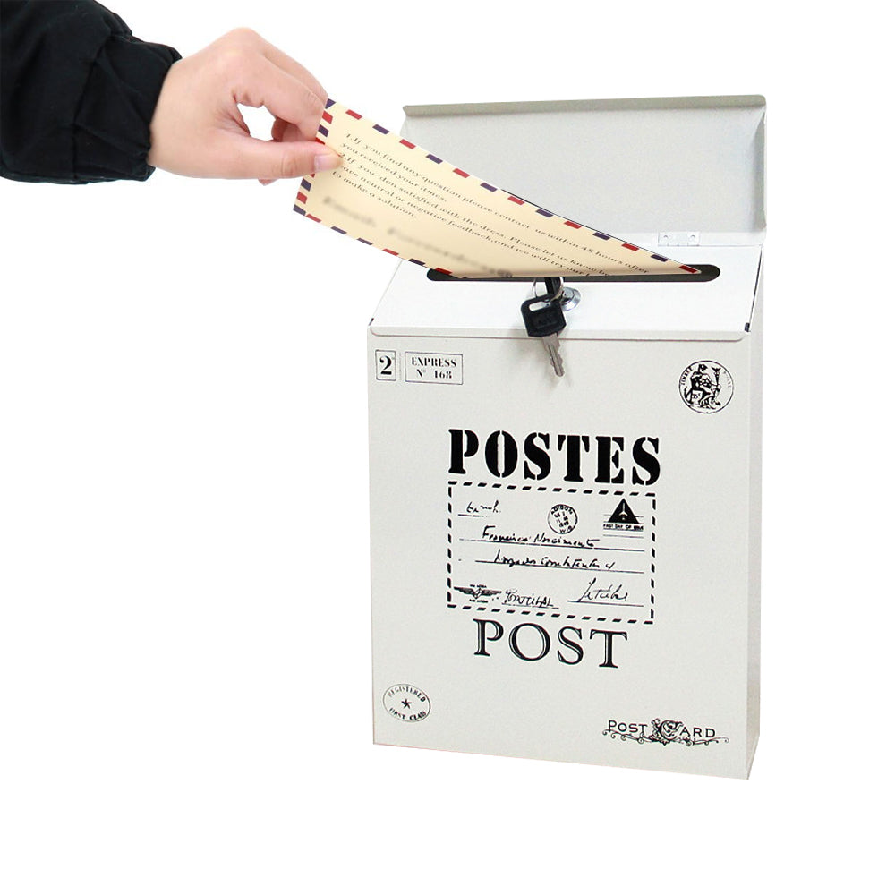 Locking Metal Mailbox Wall Mounted Key Lock Drop Mail Box Pastoral Style - Beige