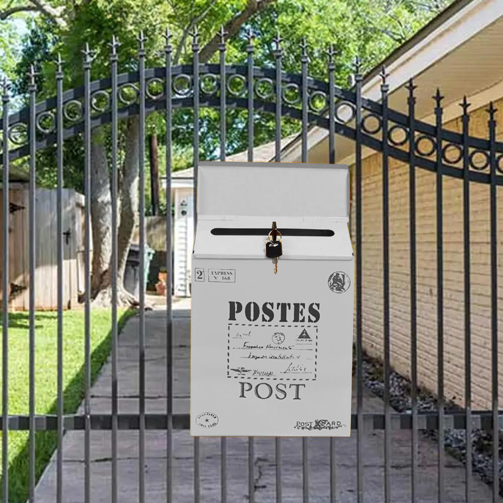 Locking Metal Mailbox Wall Mounted Key Lock Drop Mail Box Pastoral Style - Beige