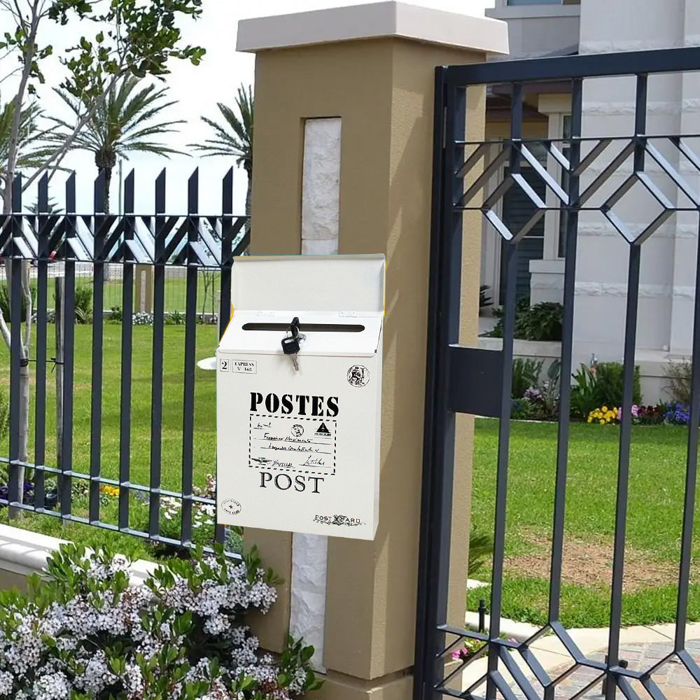 Locking Metal Mailbox Wall Mounted Key Lock Drop Mail Box Pastoral Style - Beige