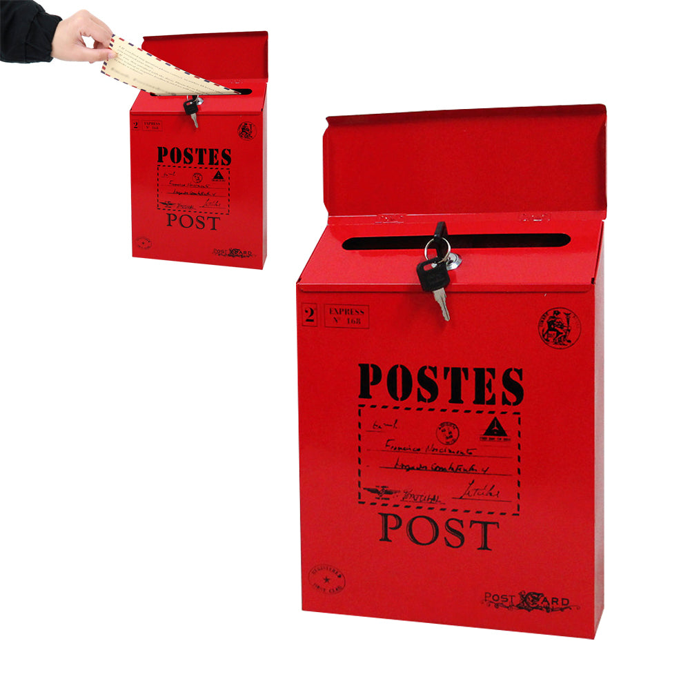 Locking Metal Mailbox Wall Mounted Key Lock Drop Mail Box Pastoral Style - Red