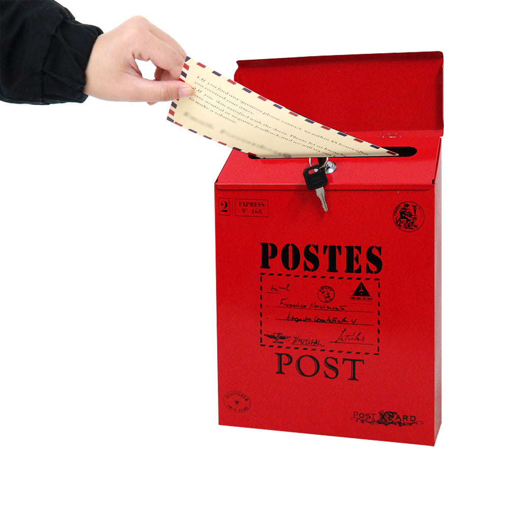 Locking Metal Mailbox Wall Mounted Key Lock Drop Mail Box Pastoral Style - Red