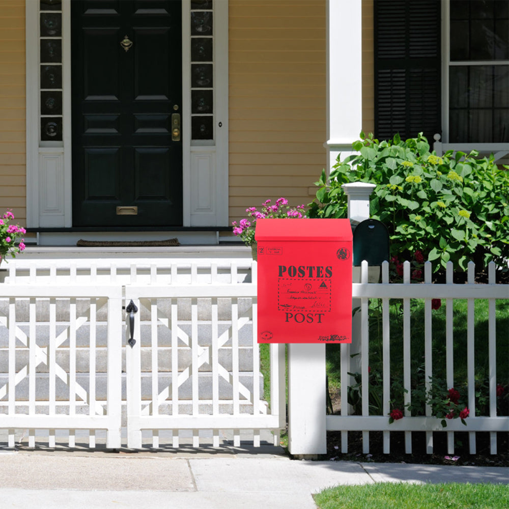 Locking Metal Mailbox Wall Mounted Key Lock Drop Mail Box Pastoral Style - Red