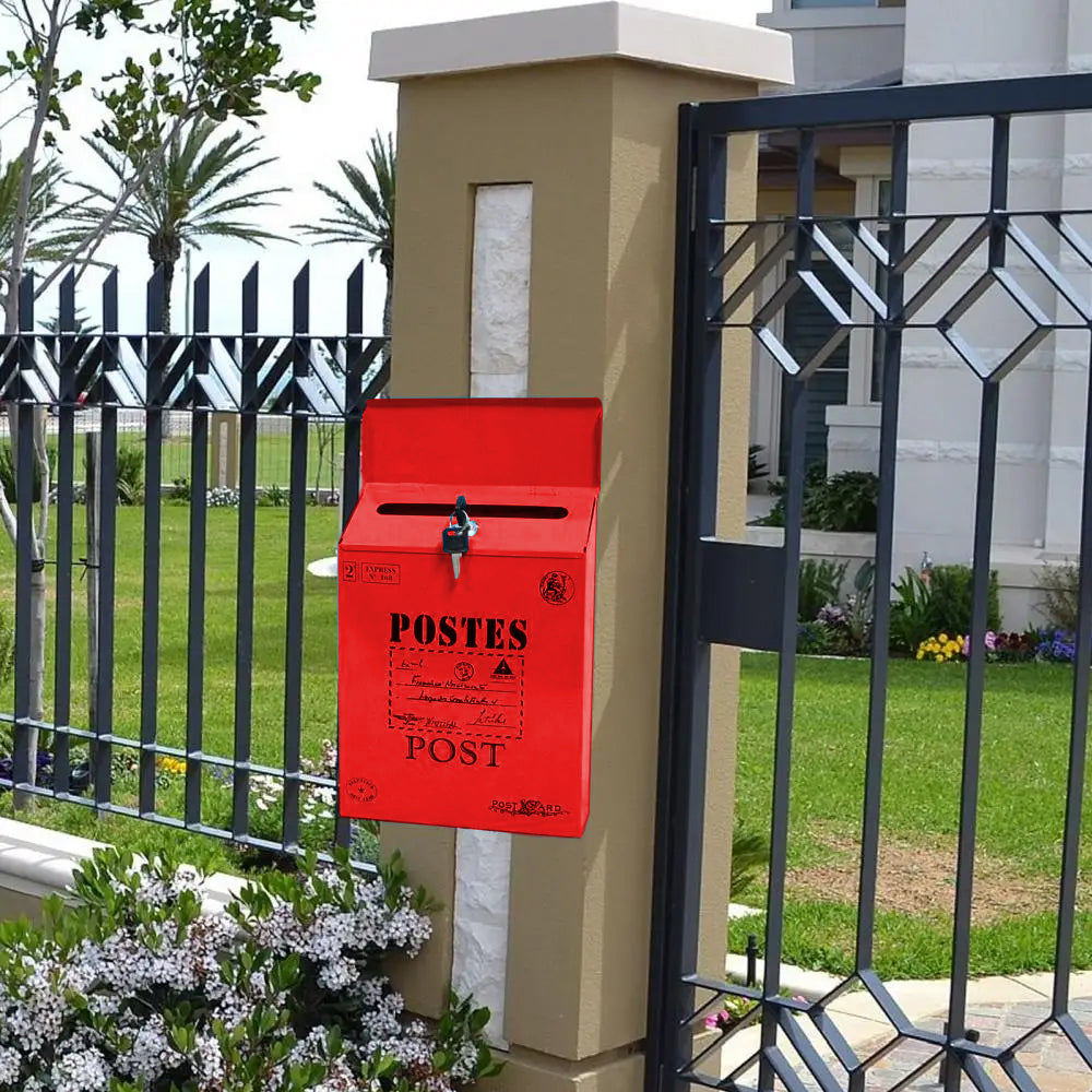 Locking Metal Mailbox Wall Mounted Key Lock Drop Mail Box Pastoral Style - Red