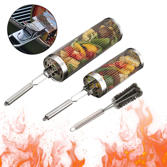 Set Of 3 Rolling Grill Basket BBQ Net Cylinder Barbecue Grilling Tube Cage