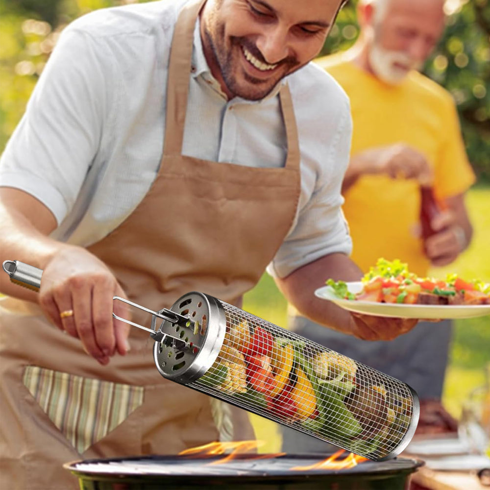 Set Of 3 Rolling Grill Basket BBQ Net Cylinder Barbecue Grilling Tube Cage