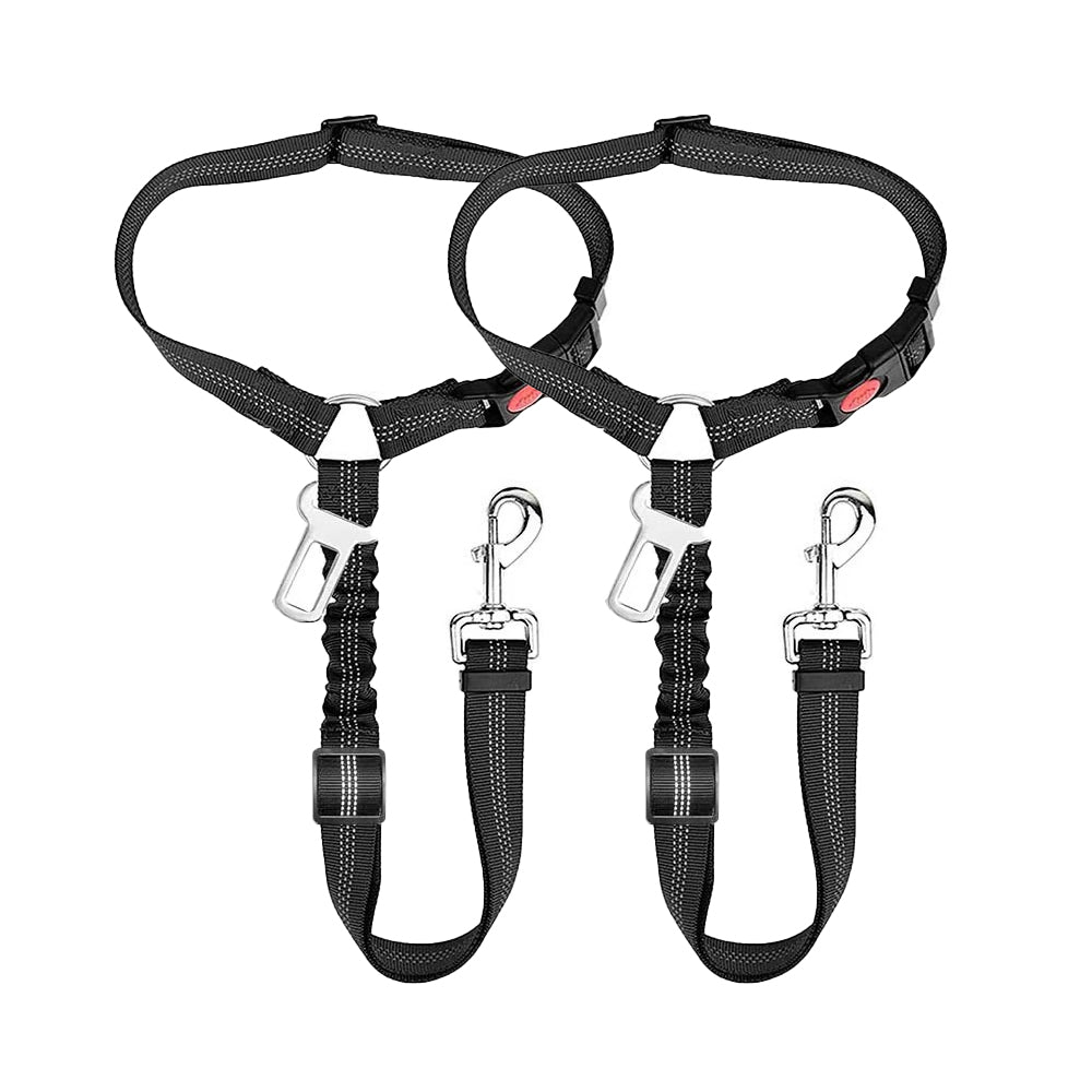 2Pcs Removable Dog Seat Belt Harness for Car Adjustable Elastic Bungee - Black