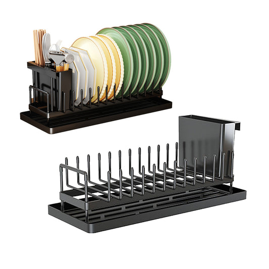 Dish Drying Rack Plate Rack Storage Rack with Water Tray for Kitchen - Black