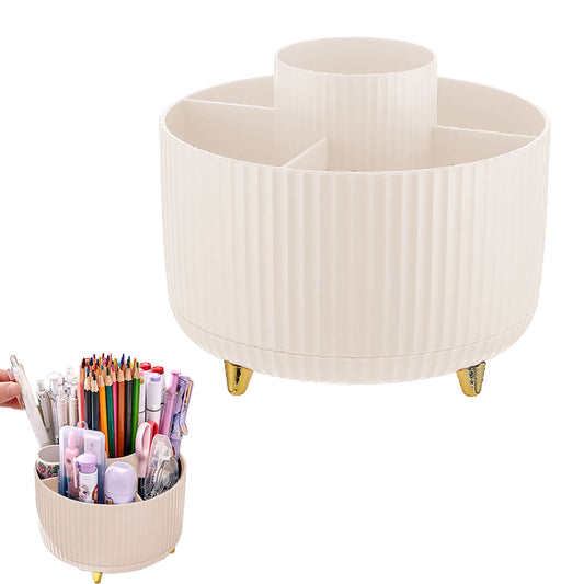 360 Degree Rotating Desk Pen Organizer with 5 Compartments Beige