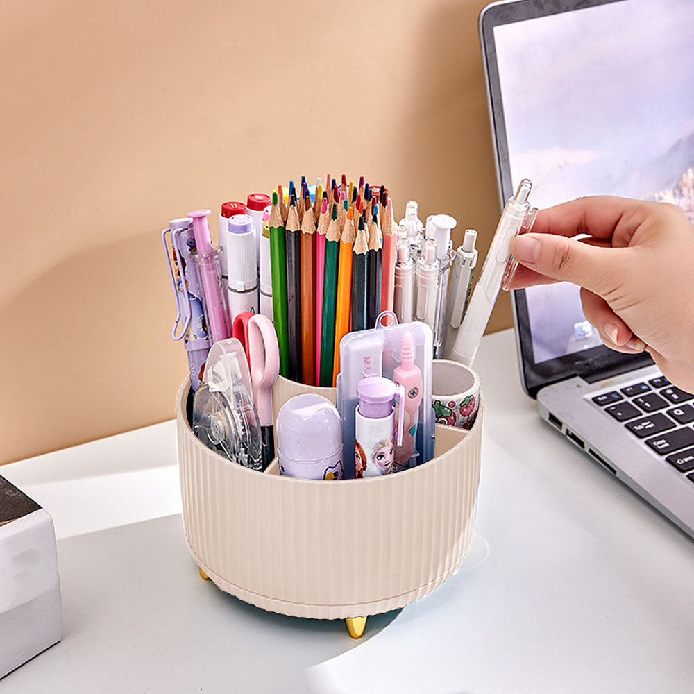 360 Degree Rotating Desk Pen Organizer with 5 Compartments Beige