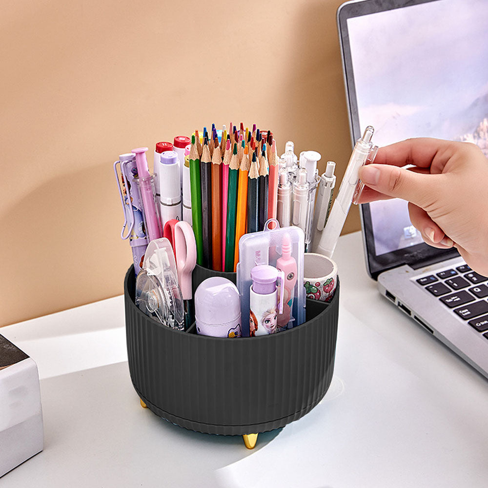 360 Degree Rotating Desk Pen Organizer with 5 Compartments Black