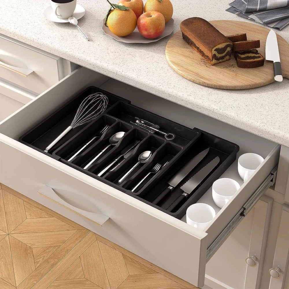 Expandable Utensil Tray Kitchen Drawer Organizer for Forks Knives Black