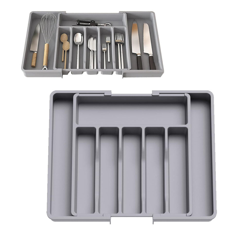 Expandable Utensil Tray Kitchen Drawer Organizer for Forks Knives Grey