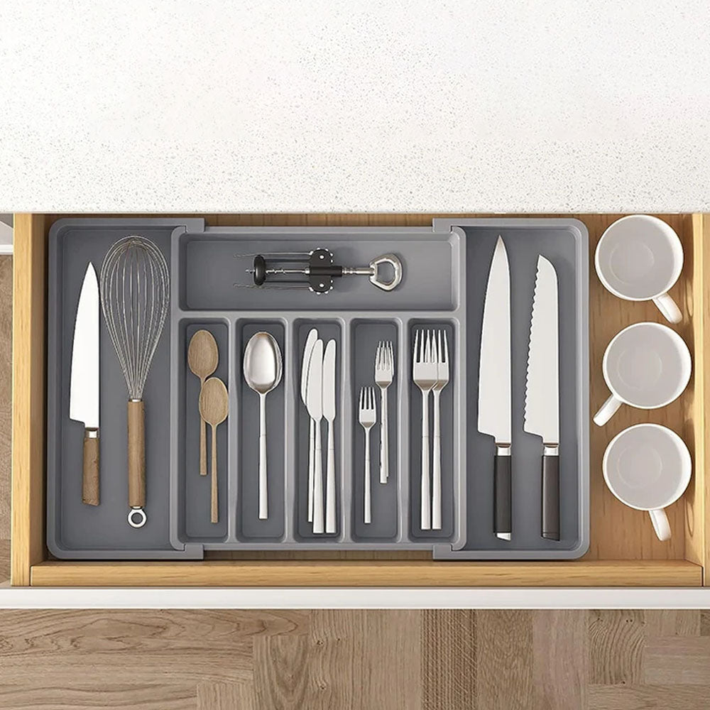 Expandable Utensil Tray Kitchen Drawer Organizer for Forks Knives Grey