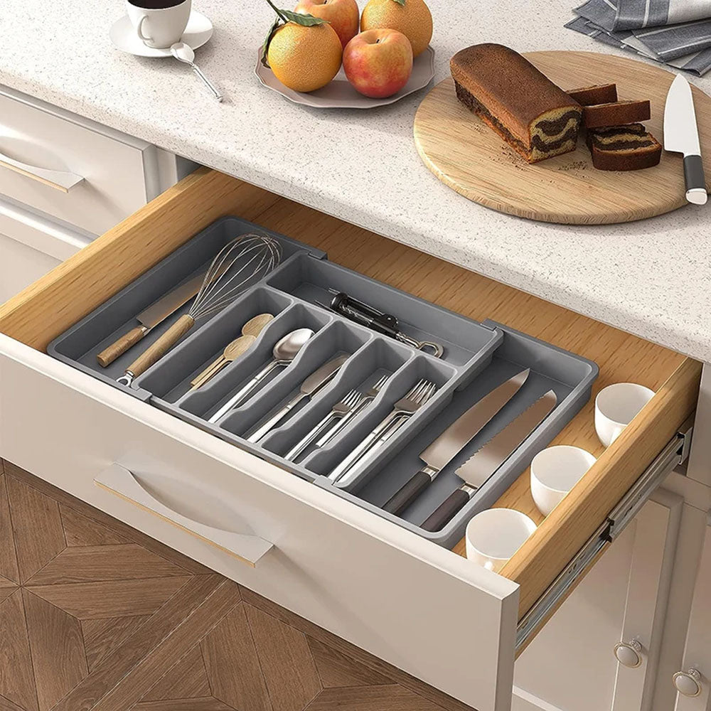 Expandable Utensil Tray Kitchen Drawer Organizer for Forks Knives Grey