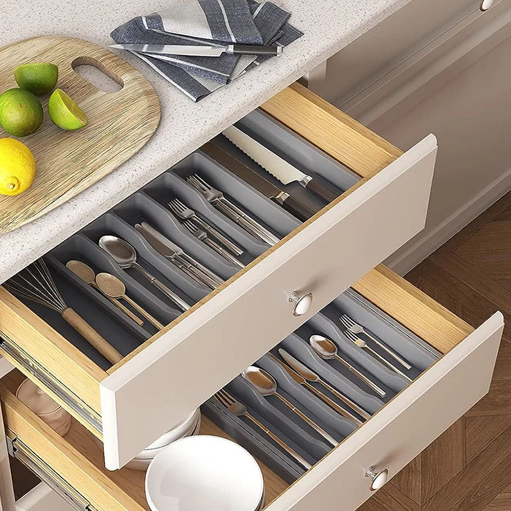 Expandable Utensil Tray Kitchen Drawer Organizer for Forks Knives Grey