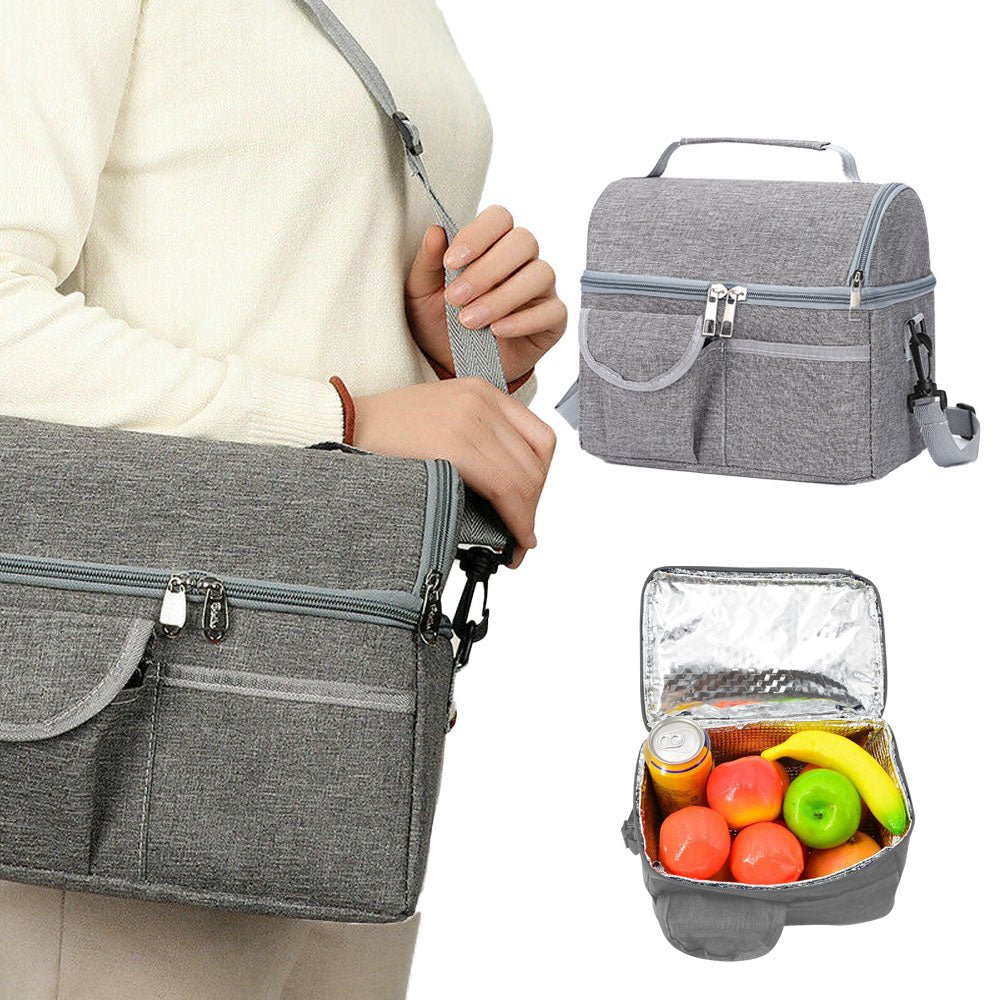 Insulated Lunch Bag Cooler Tote Bag with Shoulder Strap Grey