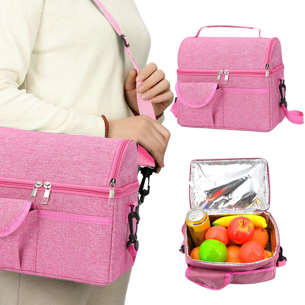 Insulated Lunch Bag Cooler Tote Bag with Shoulder Strap Pink