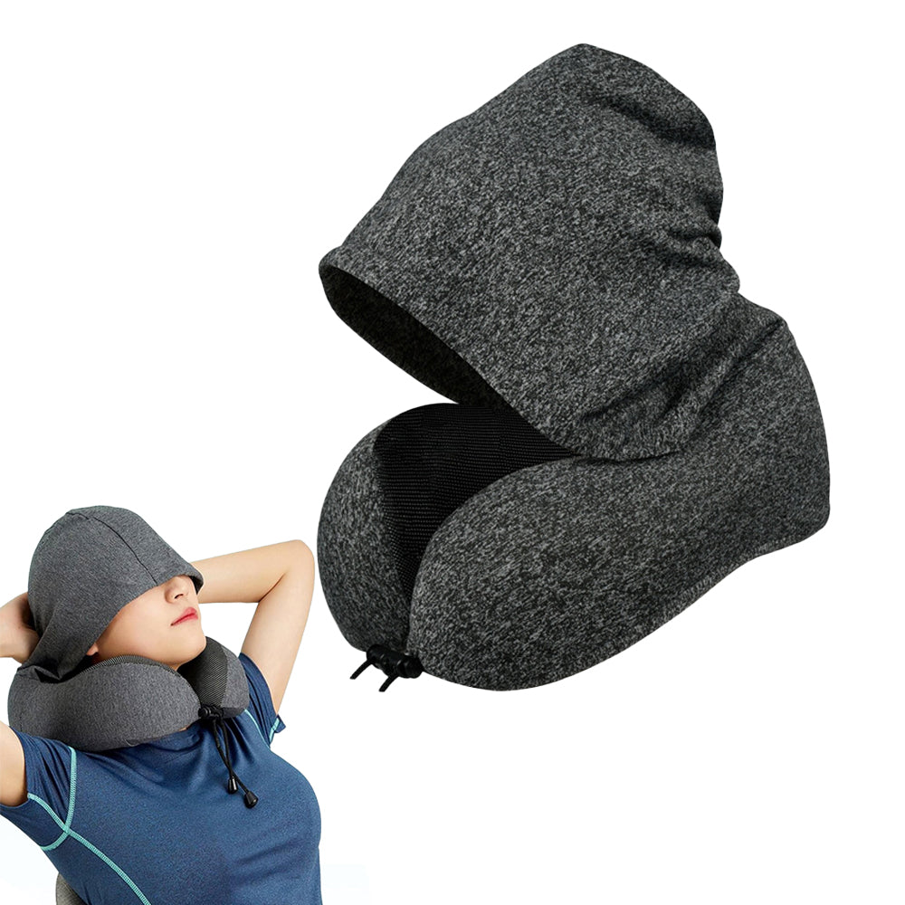 Travel Neck Pillow Hooded U Shaped Removable Neck Protection Pillow Dark Grey