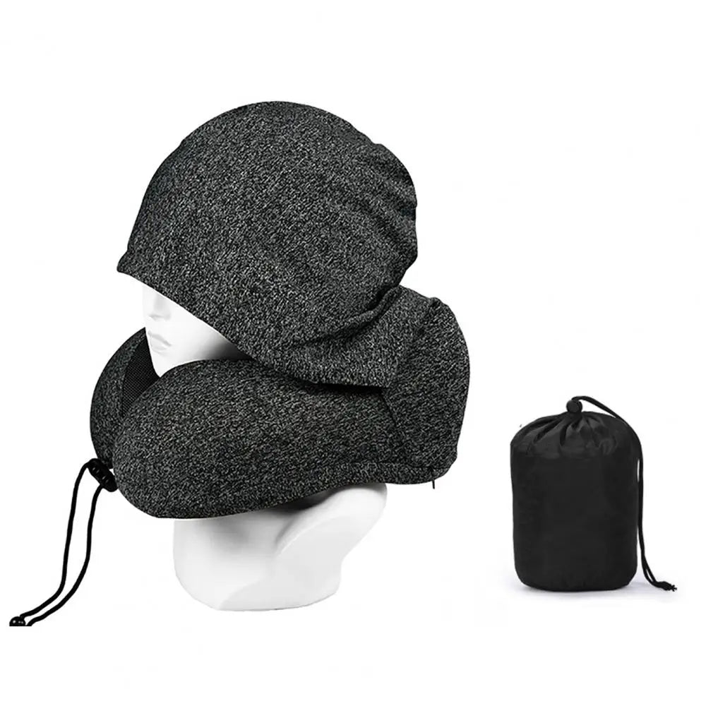 Travel Neck Pillow Hooded U Shaped Removable Neck Protection Pillow Dark Grey