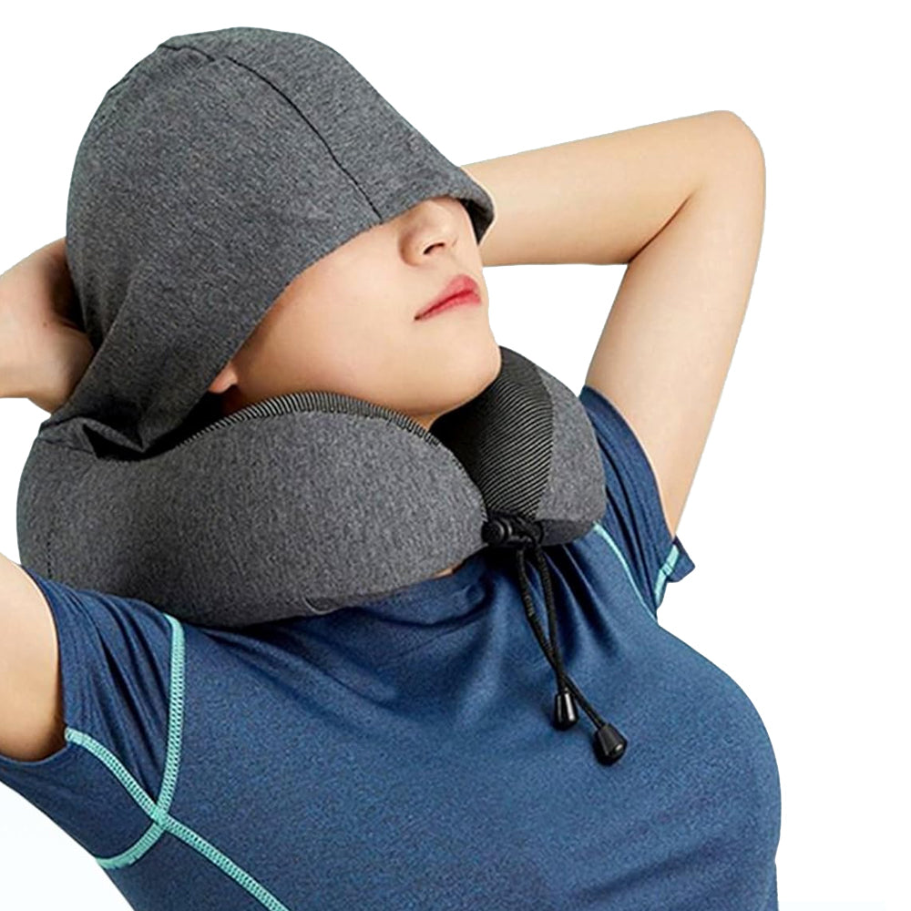 Travel Neck Pillow Hooded U Shaped Removable Neck Protection Pillow Dark Grey