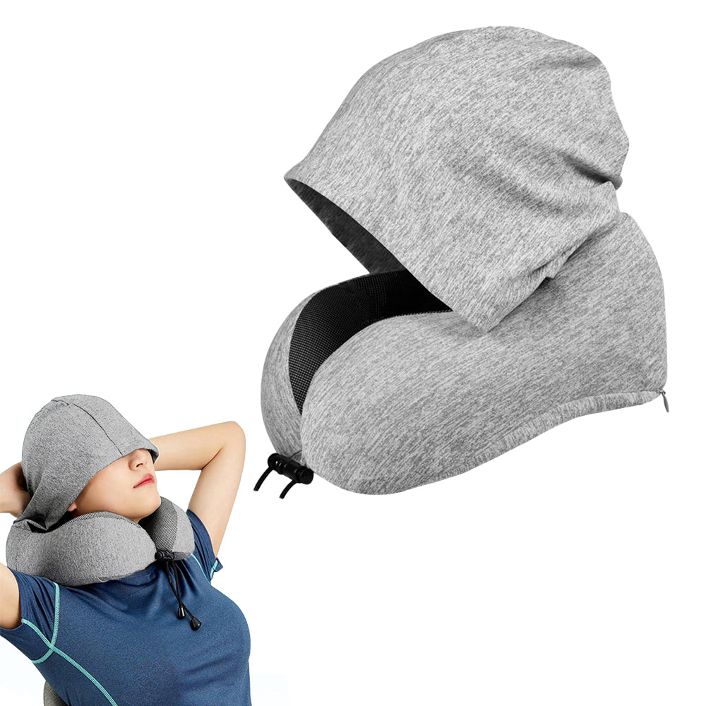 Travel Neck Pillow Hooded U Shaped Removable Neck Protection Pillow Light Grey
